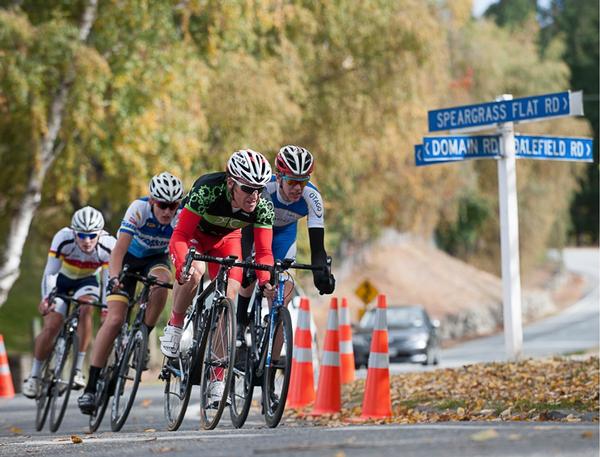 Gordon McCauley leading the break on his way to victory in the BikeNZ National Club Road Cycling Championships near Queenstown today (April 21)